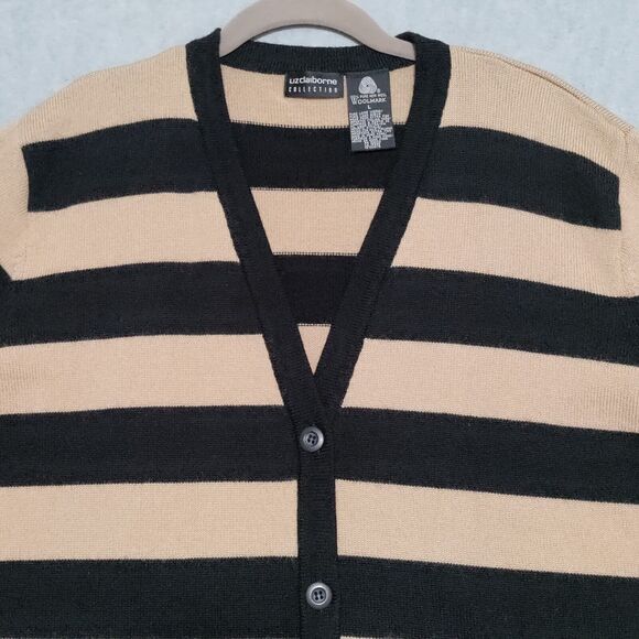 Liz Claiborne Large 100% Wool Knit Cardigan Sweater Button Front Neutral Stripes - Picture 6 of 15